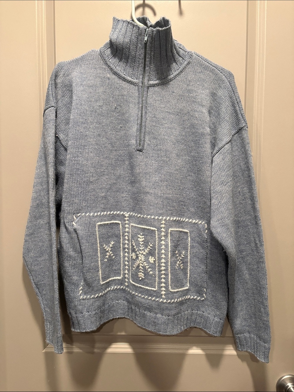 Vintage Coldwater Creek L Nordic Embroidered Half Zip Wool Ski Sweater Blue